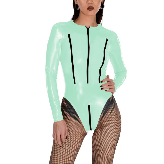 Porno PVC Glossy Leather Bodysuit Sexy Zipper Open Breast Teddies Wetlook Clubwear Lingerie Long Sleeve Zip Crotchless Rompers