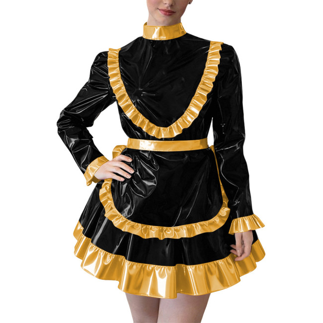 Party Cross Dressing Lolita Mini Maid Dresses Sissy Maid Long Sleeve Ruffles Glossy PVC Dress Halloween Cosplay Maid Outfits 7XL