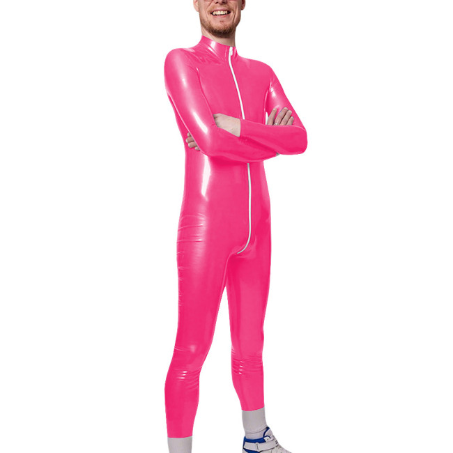 Long Sleeve Zipper Open Crotch Catsuits for Mens PVC Glossy Leather Club Leotard High Neck Fetish Party Cosplay Male Bodysuit