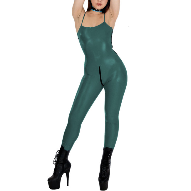 Womens Glossy PVC Leather Spaghetti Straps Catsuit Sleeveless Club Jumpsuit Zipper Full Length Leotard Rave Dance Party Bodysuit
