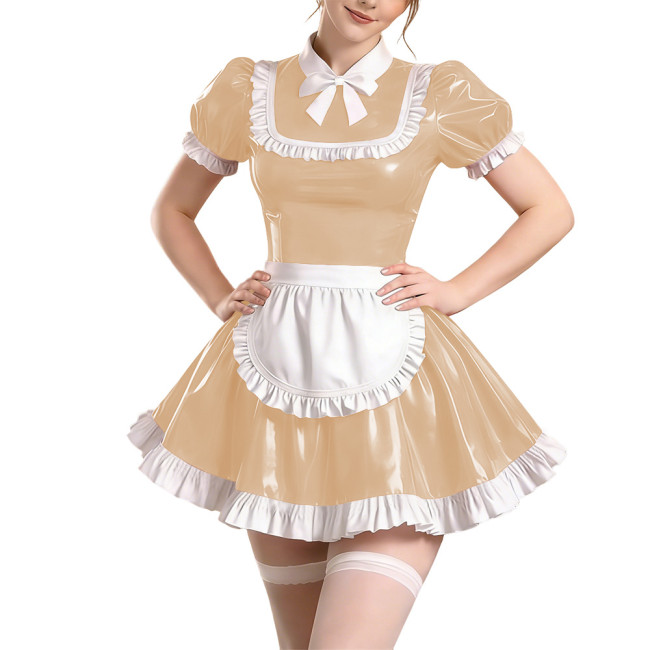 Sissy Short Sleeve Maid Uniform Lolita Pleated Cosplay Evening Dress Anime Bow Shiny PVC Mini Maid Dress with Apron Halloween