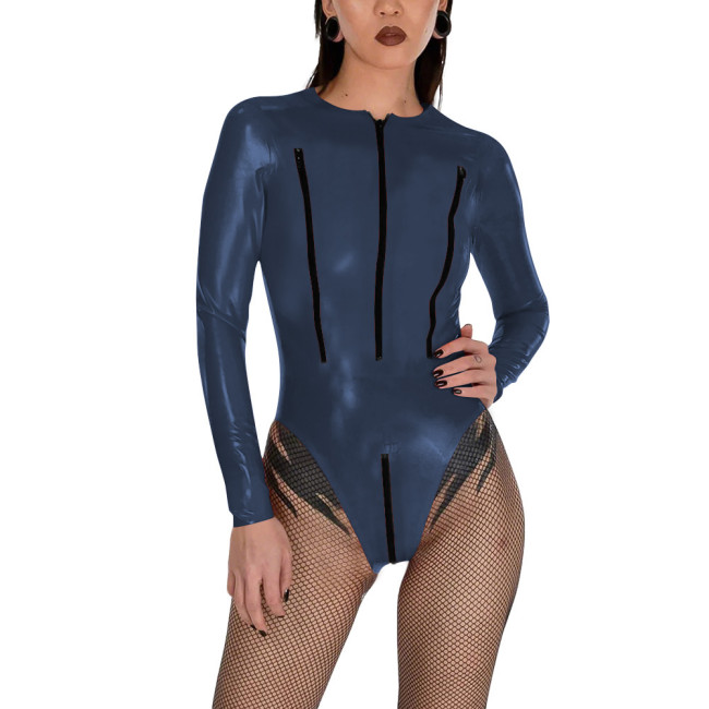 Porno PVC Glossy Leather Bodysuit Sexy Zipper Open Breast Teddies Wetlook Clubwear Lingerie Long Sleeve Zip Crotchless Rompers