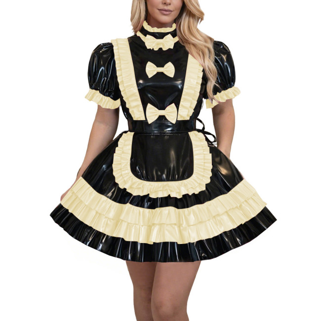 French Lolita Fetish Crossdressing Maid Uniforms Lockable Sissy High Neck Apron Pleated Mini Maid Dress for Theme Party Cosplay