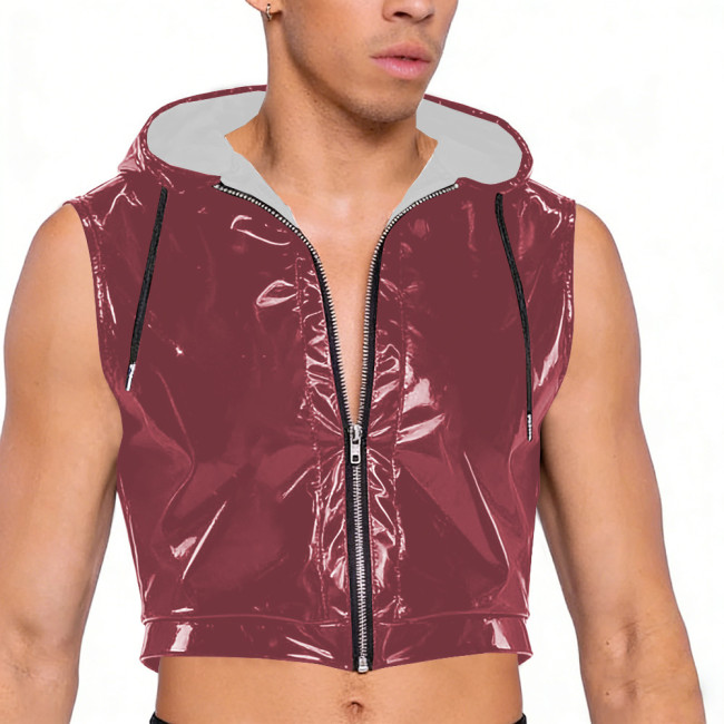 Wet Look PVC Leather Crop Tops for Mens Shiny Vinyl Leather Zipper Tank Vest Male Pole Dance Clubwear Croptop Cropped Jackets