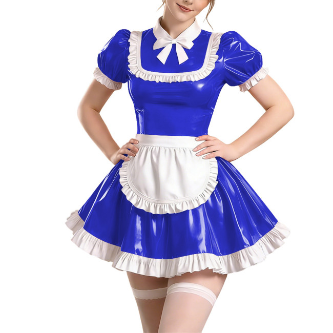 Sissy Short Sleeve Maid Uniform Lolita Pleated Cosplay Evening Dress Anime Bow Shiny PVC Mini Maid Dress with Apron Halloween