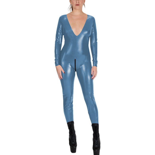 V-neck Zipper Open Crotch Wet Look PVC Catsuit Womens Party Shiny PU Leather Bodysuit Cospaly Tight Leotard Long Sleeve Jumpsuit