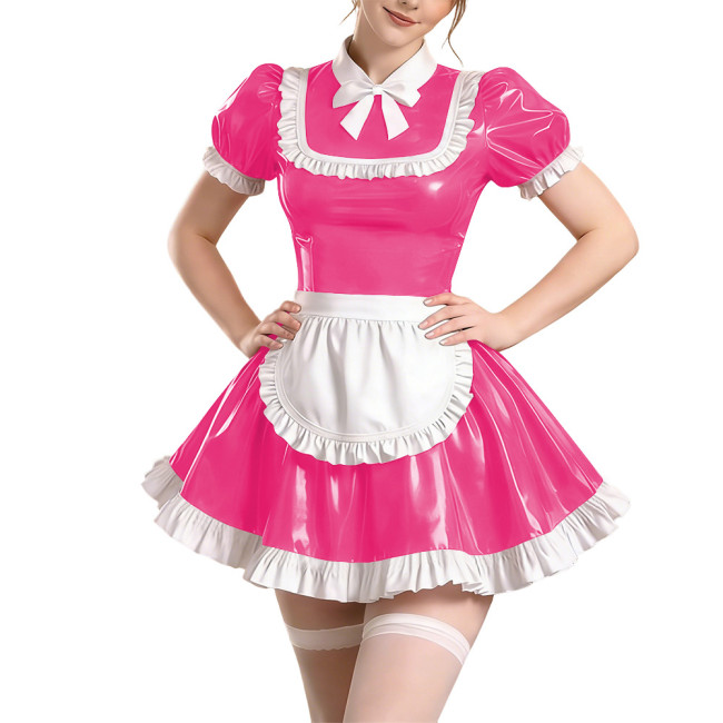 Sissy Short Sleeve Maid Uniform Lolita Pleated Cosplay Evening Dress Anime Bow Shiny PVC Mini Maid Dress with Apron Halloween