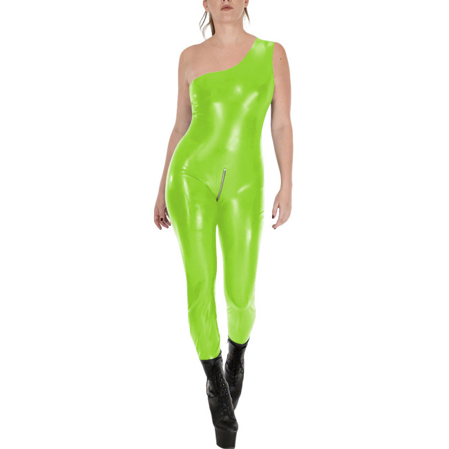Fashion Sleeveless Wet Look PVC Catsuit Vinyl Faux Leather One Shoulder Rompers Zipper Open Crotch Tights Hot Leotard Jumpsuit