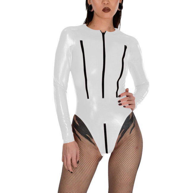 Porno PVC Glossy Leather Bodysuit Sexy Zipper Open Breast Teddies Wetlook Clubwear Lingerie Long Sleeve Zip Crotchless Rompers