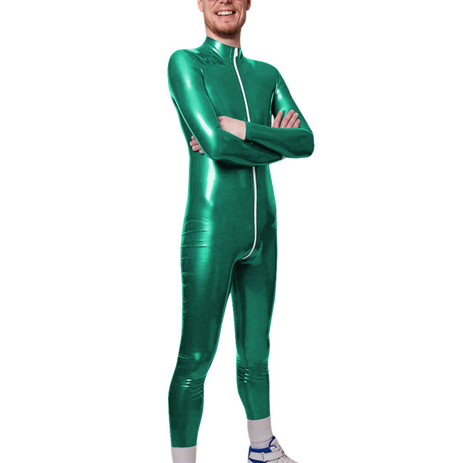 Long Sleeve Zipper Open Crotch Catsuits for Mens PVC Glossy Leather Club Leotard High Neck Fetish Party Cosplay Male Bodysuit