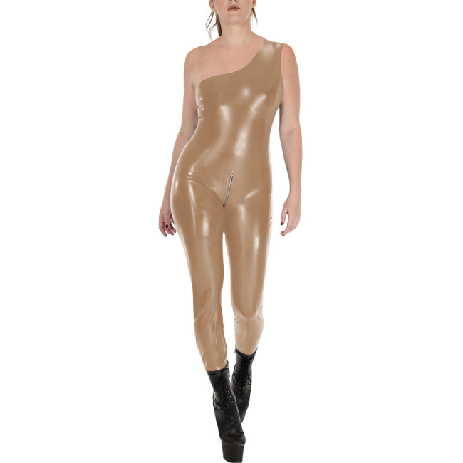 Fashion Sleeveless Wet Look PVC Catsuit Vinyl Faux Leather One Shoulder Rompers Zipper Open Crotch Tights Hot Leotard Jumpsuit