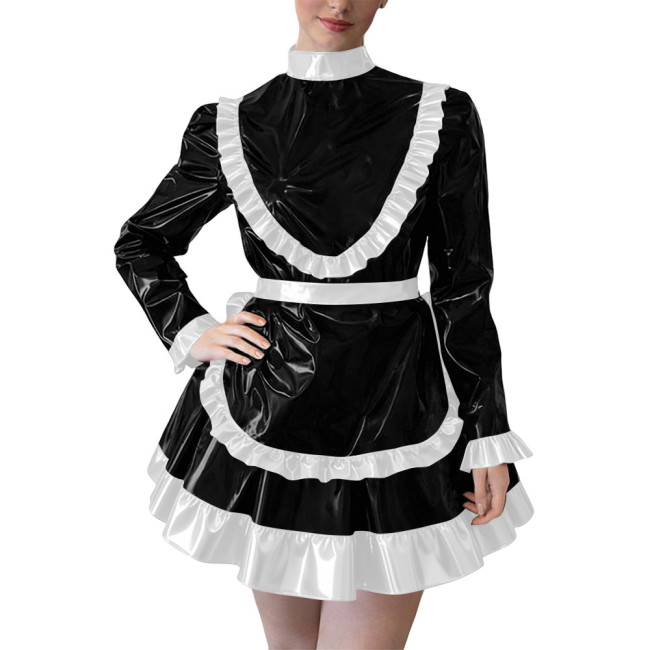 Party Cross Dressing Lolita Mini Maid Dresses Sissy Maid Long Sleeve Ruffles Glossy PVC Dress Halloween Cosplay Maid Outfits 7XL
