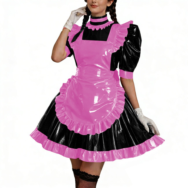 Shiny PU Leather Anime Maid Uniforms Lockable Role Play Mini Pleated Maid Dress with Apron Sissy Ball Gown Party Cosplay Outfits