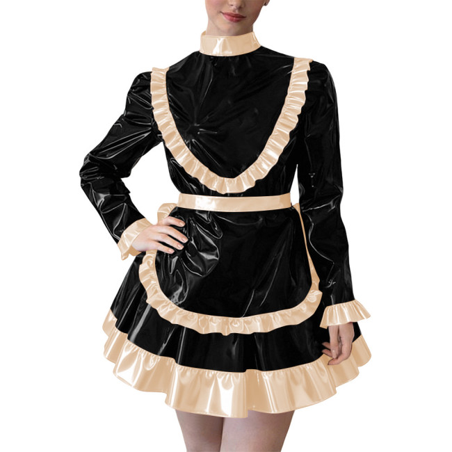 Party Cross Dressing Lolita Mini Maid Dresses Sissy Maid Long Sleeve Ruffles Glossy PVC Dress Halloween Cosplay Maid Outfits 7XL
