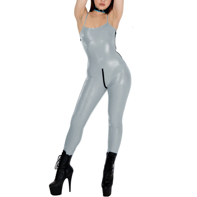 Womens Glossy PVC Leather Spaghetti Straps Catsuit Sleeveless Club Jumpsuit Zipper Full Length Leotard Rave Dance Party Bodysuit