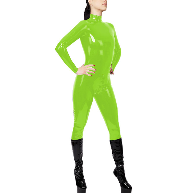 Halloween High Neck Women Catsuit Sexy Shiny Patent Leather PVC Zipper Open Crotch Jumpsuit Nightclub Wet Look Rompers Bodysuit