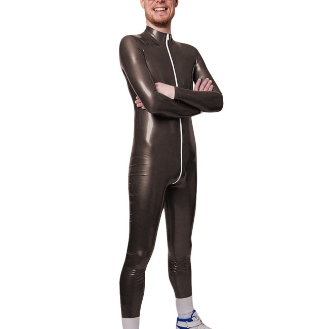 Long Sleeve Zipper Open Crotch Catsuits for Mens PVC Glossy Leather Club Leotard High Neck Fetish Party Cosplay Male Bodysuit
