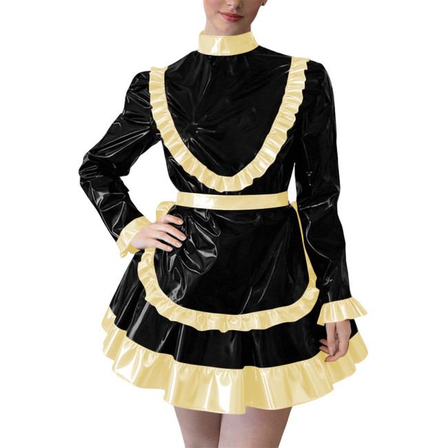 Party Cross Dressing Lolita Mini Maid Dresses Sissy Maid Long Sleeve Ruffles Glossy PVC Dress Halloween Cosplay Maid Outfits 7XL