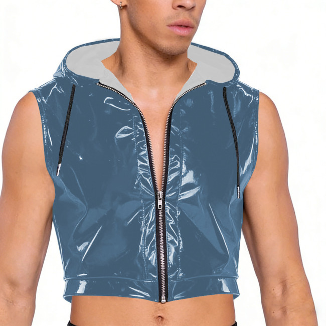 Wet Look PVC Leather Crop Tops for Mens Shiny Vinyl Leather Zipper Tank Vest Male Pole Dance Clubwear Croptop Cropped Jackets