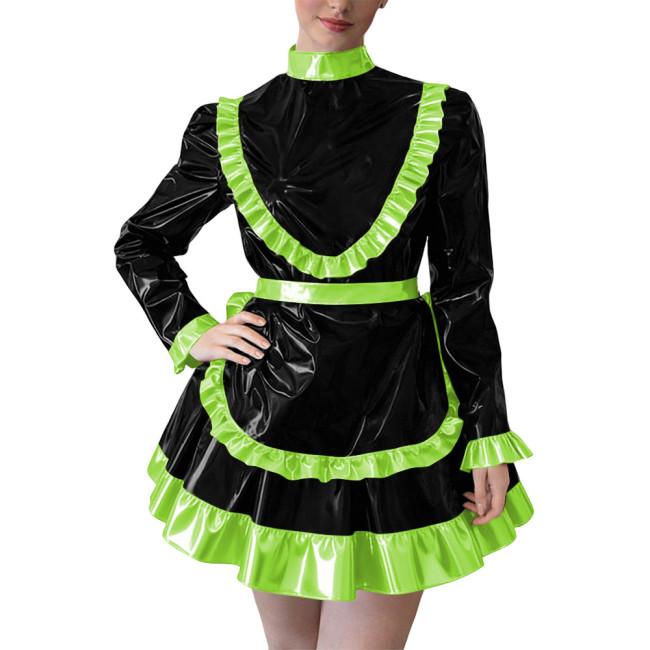 Party Cross Dressing Lolita Mini Maid Dresses Sissy Maid Long Sleeve Ruffles Glossy PVC Dress Halloween Cosplay Maid Outfits 7XL