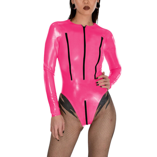 Porno PVC Glossy Leather Bodysuit Sexy Zipper Open Breast Teddies Wetlook Clubwear Lingerie Long Sleeve Zip Crotchless Rompers