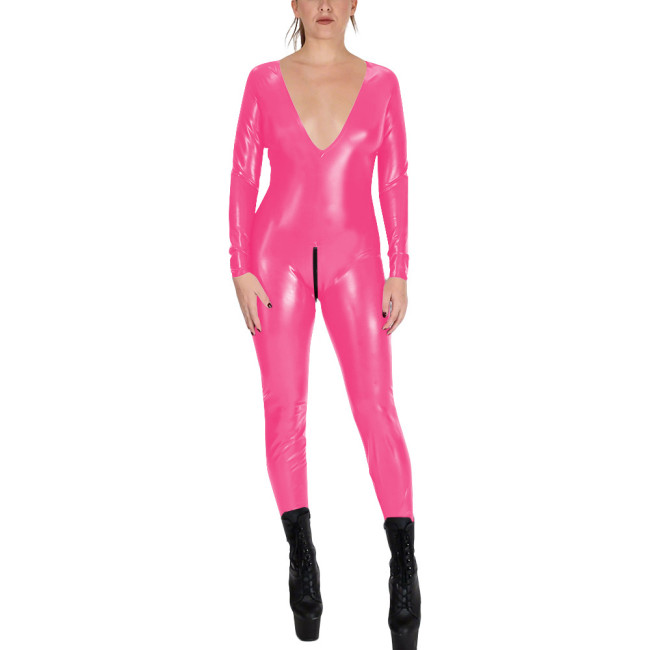 V-neck Zipper Open Crotch Wet Look PVC Catsuit Womens Party Shiny PU Leather Bodysuit Cospaly Tight Leotard Long Sleeve Jumpsuit