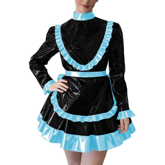 Party Cross Dressing Lolita Mini Maid Dresses Sissy Maid Long Sleeve Ruffles Glossy PVC Dress Halloween Cosplay Maid Outfits 7XL
