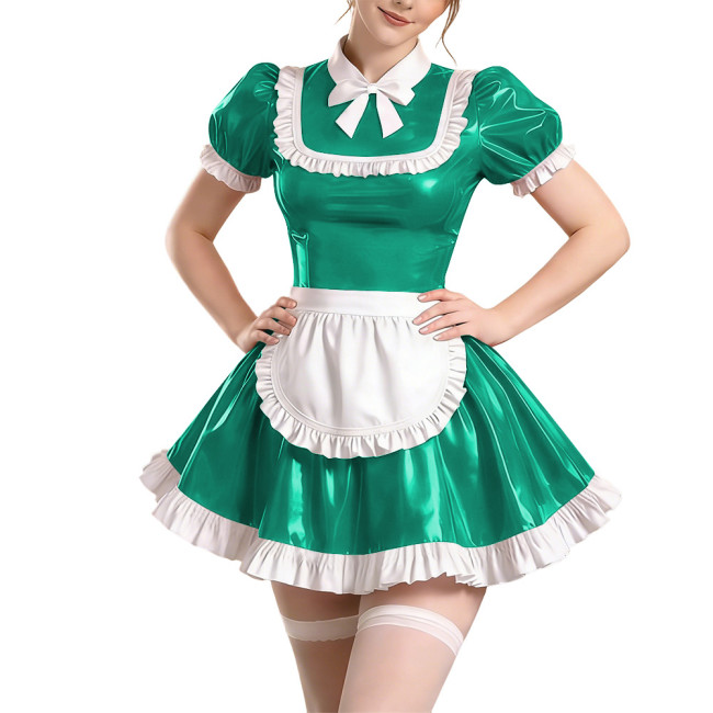 Sissy Short Sleeve Maid Uniform Lolita Pleated Cosplay Evening Dress Anime Bow Shiny PVC Mini Maid Dress with Apron Halloween