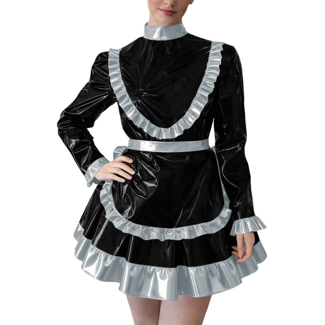 Party Cross Dressing Lolita Mini Maid Dresses Sissy Maid Long Sleeve Ruffles Glossy PVC Dress Halloween Cosplay Maid Outfits 7XL
