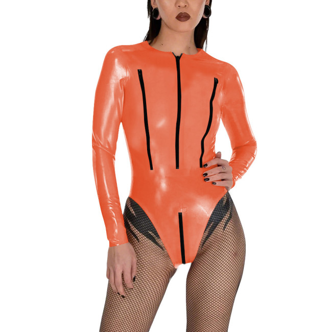Porno PVC Glossy Leather Bodysuit Sexy Zipper Open Breast Teddies Wetlook Clubwear Lingerie Long Sleeve Zip Crotchless Rompers