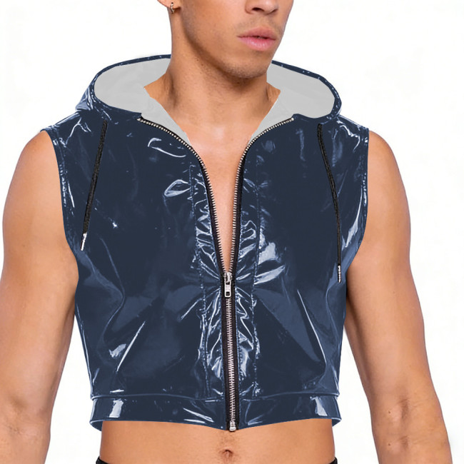 Wet Look PVC Leather Crop Tops for Mens Shiny Vinyl Leather Zipper Tank Vest Male Pole Dance Clubwear Croptop Cropped Jackets