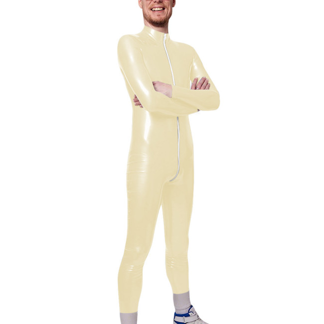 Long Sleeve Zipper Open Crotch Catsuits for Mens PVC Glossy Leather Club Leotard High Neck Fetish Party Cosplay Male Bodysuit