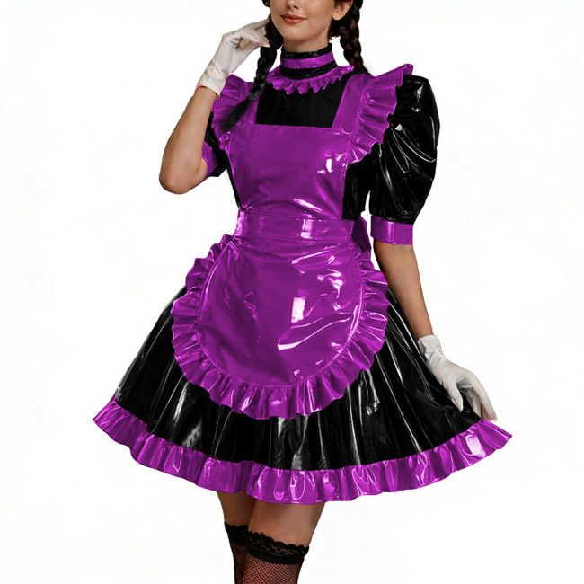 Shiny PU Leather Anime Maid Uniforms Lockable Role Play Mini Pleated Maid Dress with Apron Sissy Ball Gown Party Cosplay Outfits