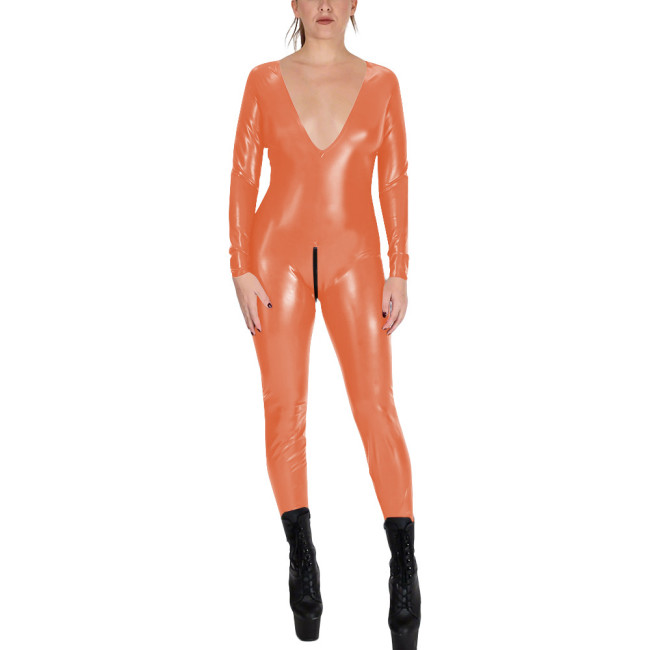 V-neck Zipper Open Crotch Wet Look PVC Catsuit Womens Party Shiny PU Leather Bodysuit Cospaly Tight Leotard Long Sleeve Jumpsuit