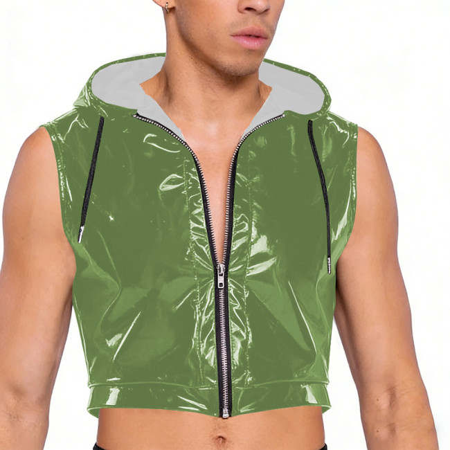 Wet Look PVC Leather Crop Tops for Mens Shiny Vinyl Leather Zipper Tank Vest Male Pole Dance Clubwear Croptop Cropped Jackets