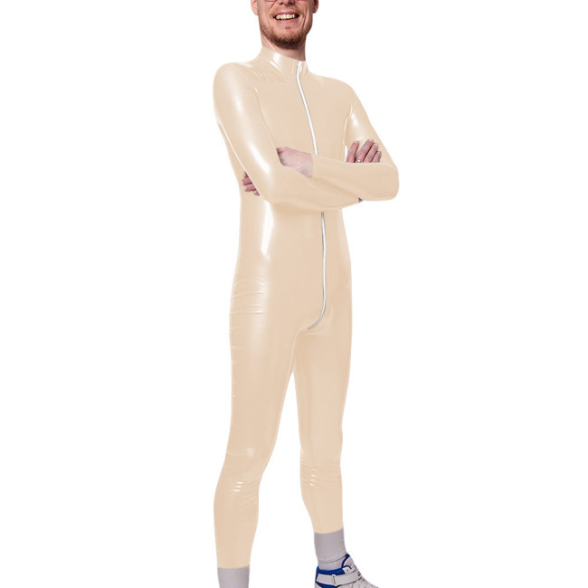Long Sleeve Zipper Open Crotch Catsuits for Mens PVC Glossy Leather Club Leotard High Neck Fetish Party Cosplay Male Bodysuit