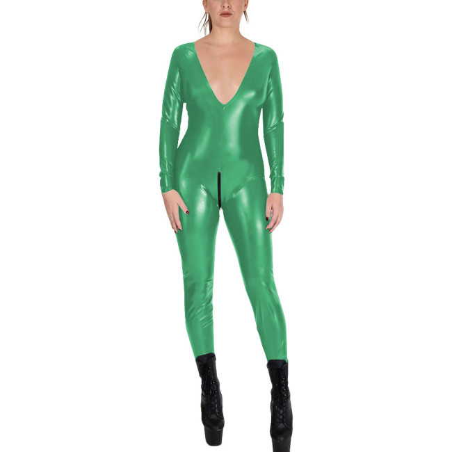 V-neck Zipper Open Crotch Wet Look PVC Catsuit Womens Party Shiny PU Leather Bodysuit Cospaly Tight Leotard Long Sleeve Jumpsuit