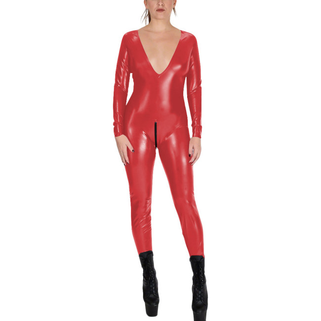 V-neck Zipper Open Crotch Wet Look PVC Catsuit Womens Party Shiny PU Leather Bodysuit Cospaly Tight Leotard Long Sleeve Jumpsuit