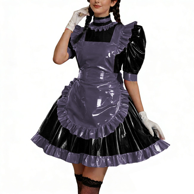 Shiny PU Leather Anime Maid Uniforms Lockable Role Play Mini Pleated Maid Dress with Apron Sissy Ball Gown Party Cosplay Outfits