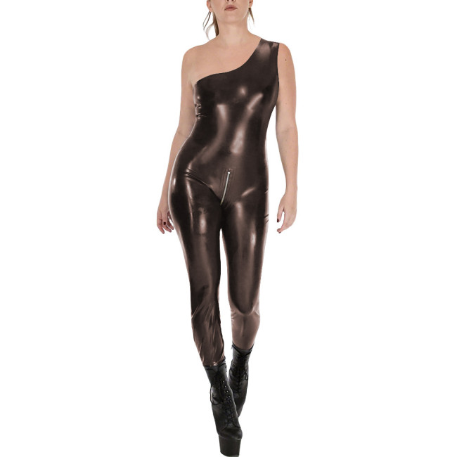 Fashion Sleeveless Wet Look PVC Catsuit Vinyl Faux Leather One Shoulder Rompers Zipper Open Crotch Tights Hot Leotard Jumpsuit