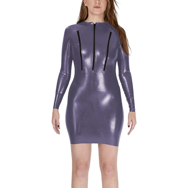 Sexy Zipper Chest Bodycon Mini Dress Womens Club Sheath Long Sleeve PVC Shiny Tight Dresses Wetlook Patent Leather Vestidos