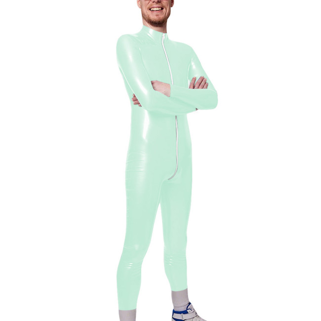 Long Sleeve Zipper Open Crotch Catsuits for Mens PVC Glossy Leather Club Leotard High Neck Fetish Party Cosplay Male Bodysuit