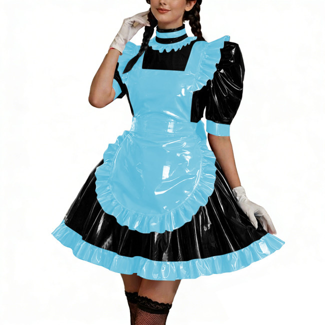 Shiny PU Leather Anime Maid Uniforms Lockable Role Play Mini Pleated Maid Dress with Apron Sissy Ball Gown Party Cosplay Outfits