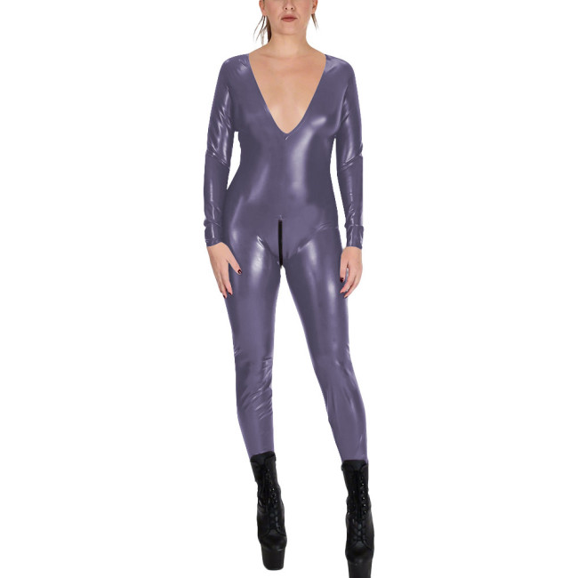 V-neck Zipper Open Crotch Wet Look PVC Catsuit Womens Party Shiny PU Leather Bodysuit Cospaly Tight Leotard Long Sleeve Jumpsuit