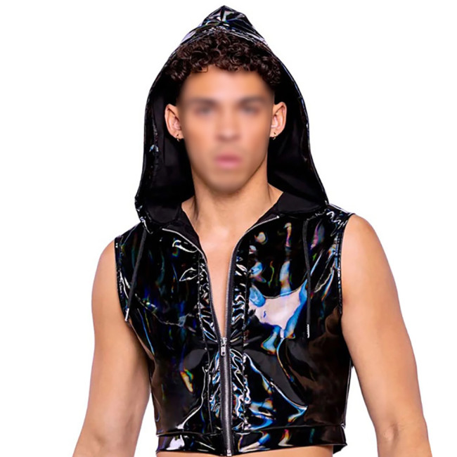 Wet Look PVC Leather Crop Tops for Mens Shiny Vinyl Leather Zipper Tank Vest Male Pole Dance Clubwear Croptop Cropped Jackets
