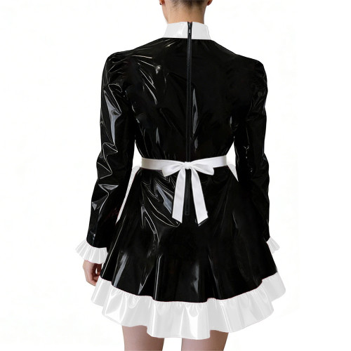 Party Cross Dressing Lolita Mini Maid Dresses Sissy Maid Long Sleeve Ruffles Glossy PVC Dress Halloween Cosplay Maid Outfits 7XL