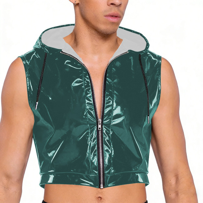 Wet Look PVC Leather Crop Tops for Mens Shiny Vinyl Leather Zipper Tank Vest Male Pole Dance Clubwear Croptop Cropped Jackets