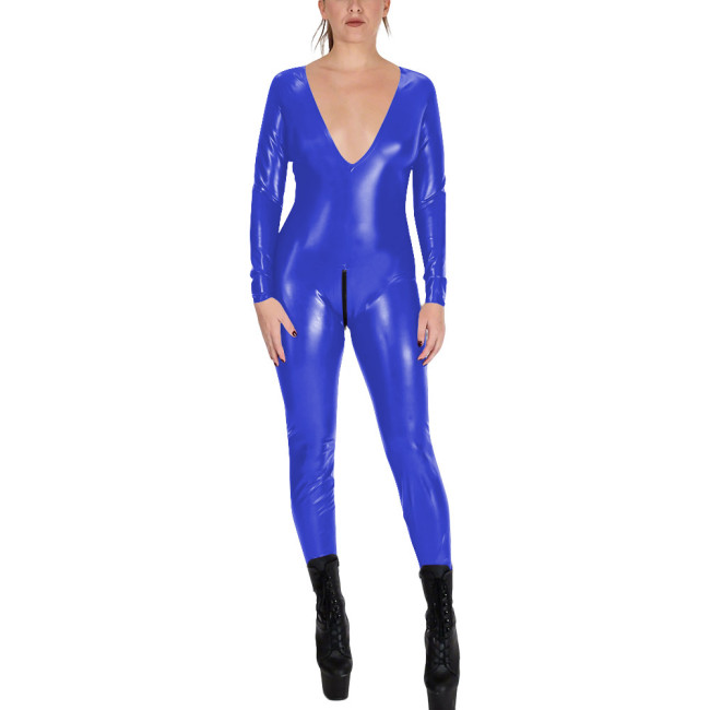 V-neck Zipper Open Crotch Wet Look PVC Catsuit Womens Party Shiny PU Leather Bodysuit Cospaly Tight Leotard Long Sleeve Jumpsuit
