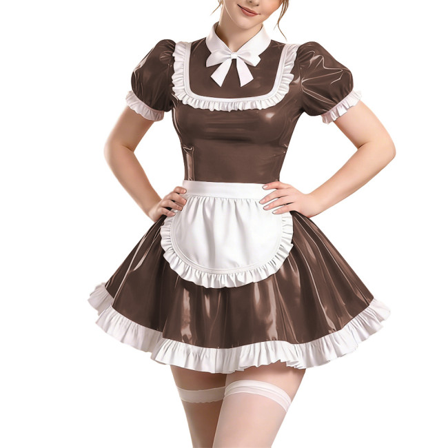 Sissy Short Sleeve Maid Uniform Lolita Pleated Cosplay Evening Dress Anime Bow Shiny PVC Mini Maid Dress with Apron Halloween