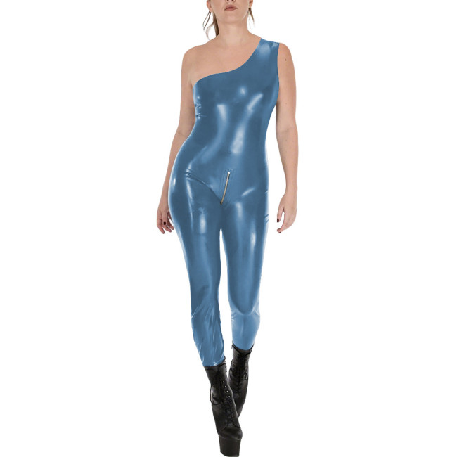 Fashion Sleeveless Wet Look PVC Catsuit Vinyl Faux Leather One Shoulder Rompers Zipper Open Crotch Tights Hot Leotard Jumpsuit